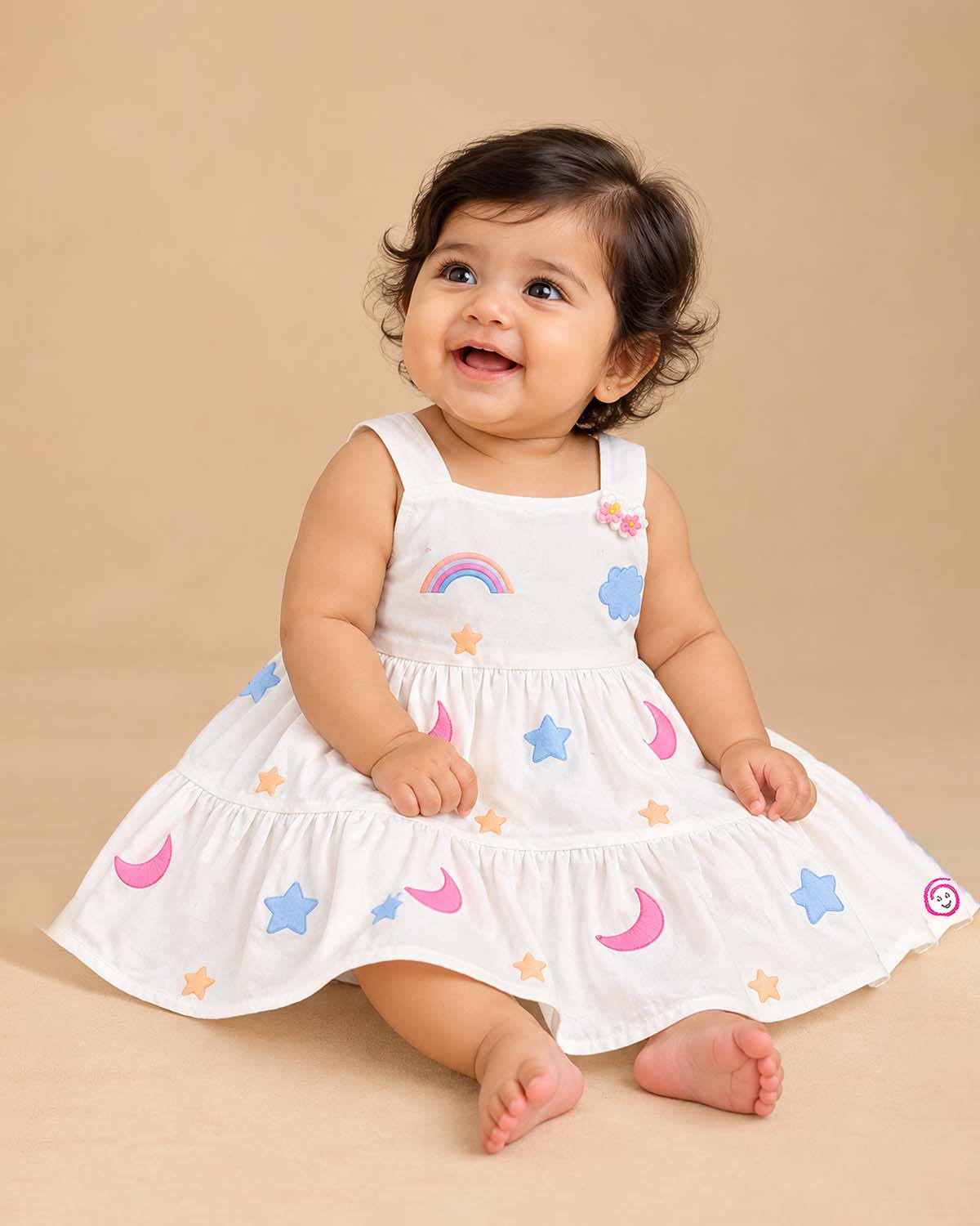 Toddler cotton frock with celestial star moon motifs for casual wear