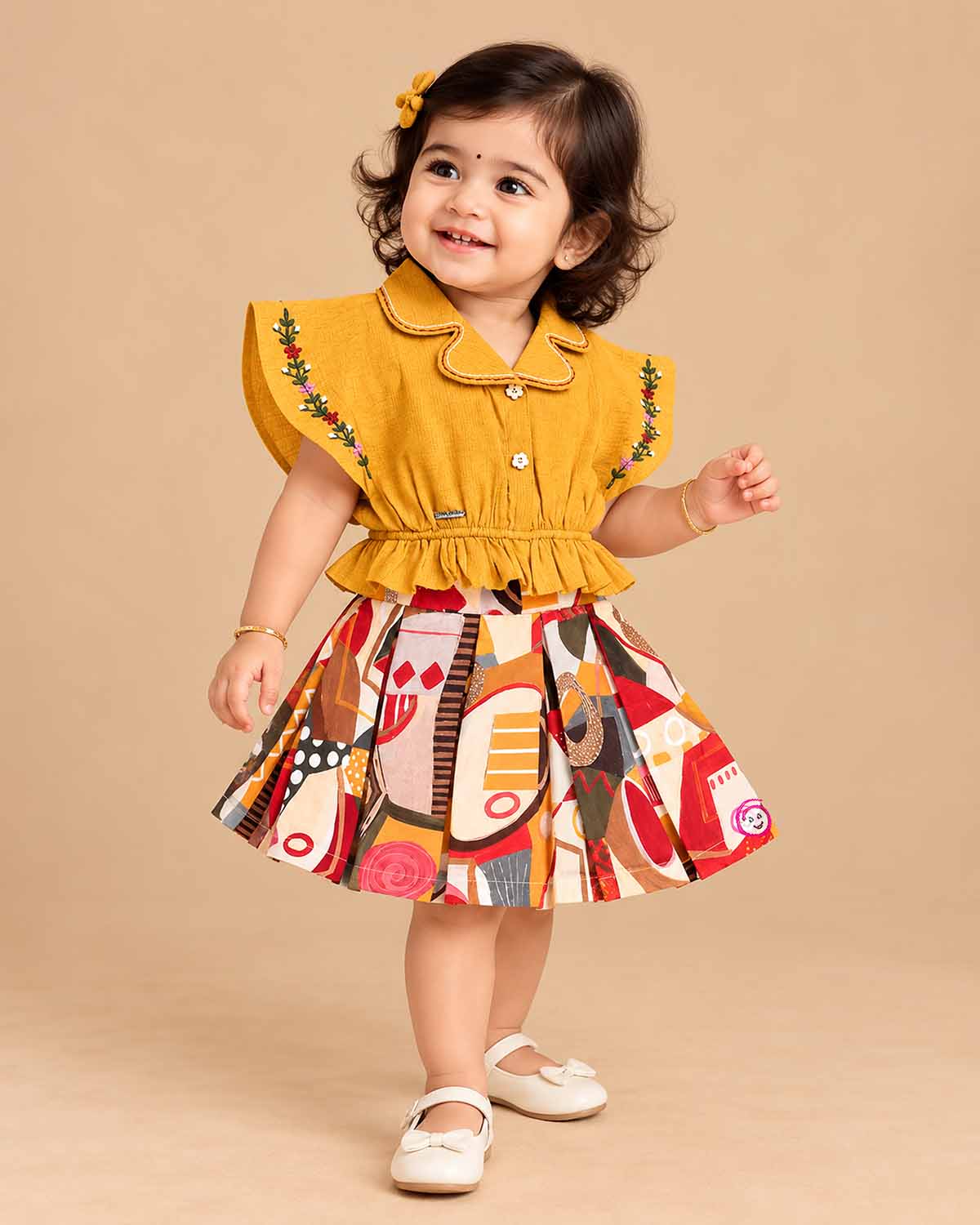 Toddler embroidered top and printed skirt set for girls party wear