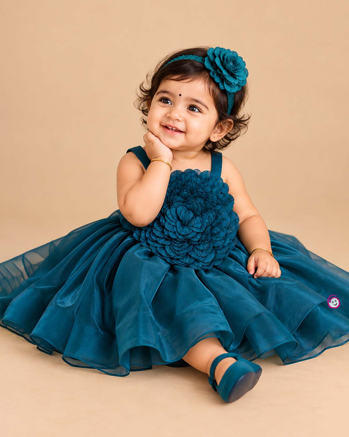 Toddler Floral Organza Frock for Birthday Party and Evening Reception featuring a large 3D flower appliqué bodice with comfortable shoulder straps.
