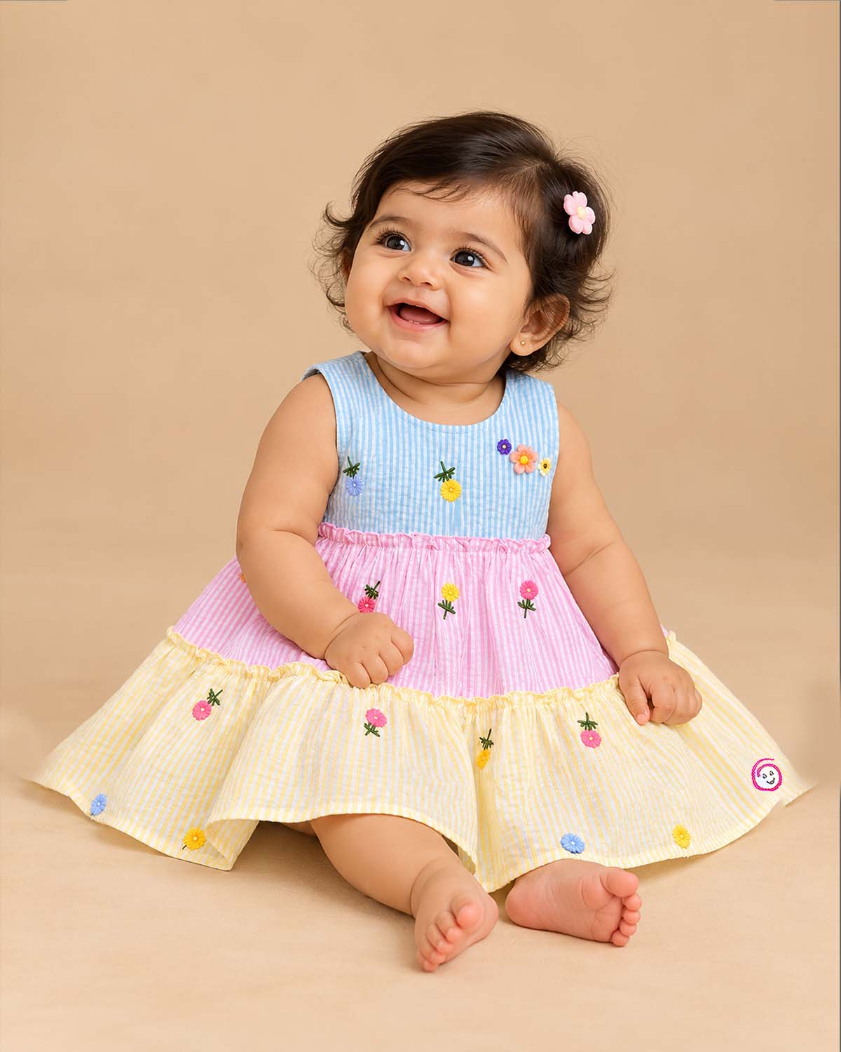 Baby girl seersucker frock with pineapple embroidery for casual outings