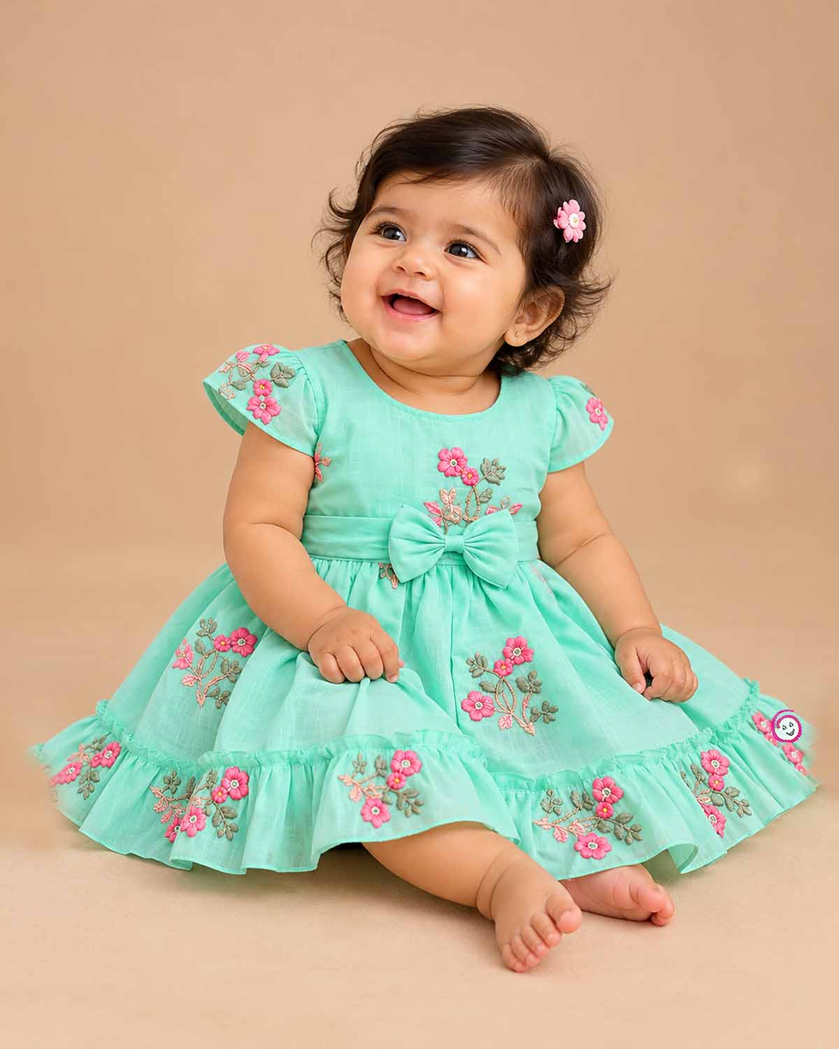 Infants frock with floral embroidery bow detail for casual wear