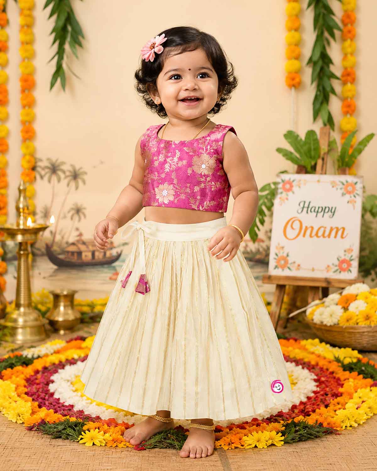 Girls traditional Onam choli lehenga set featuring woven brocade sleeveless top and pleated skirt for festive wear