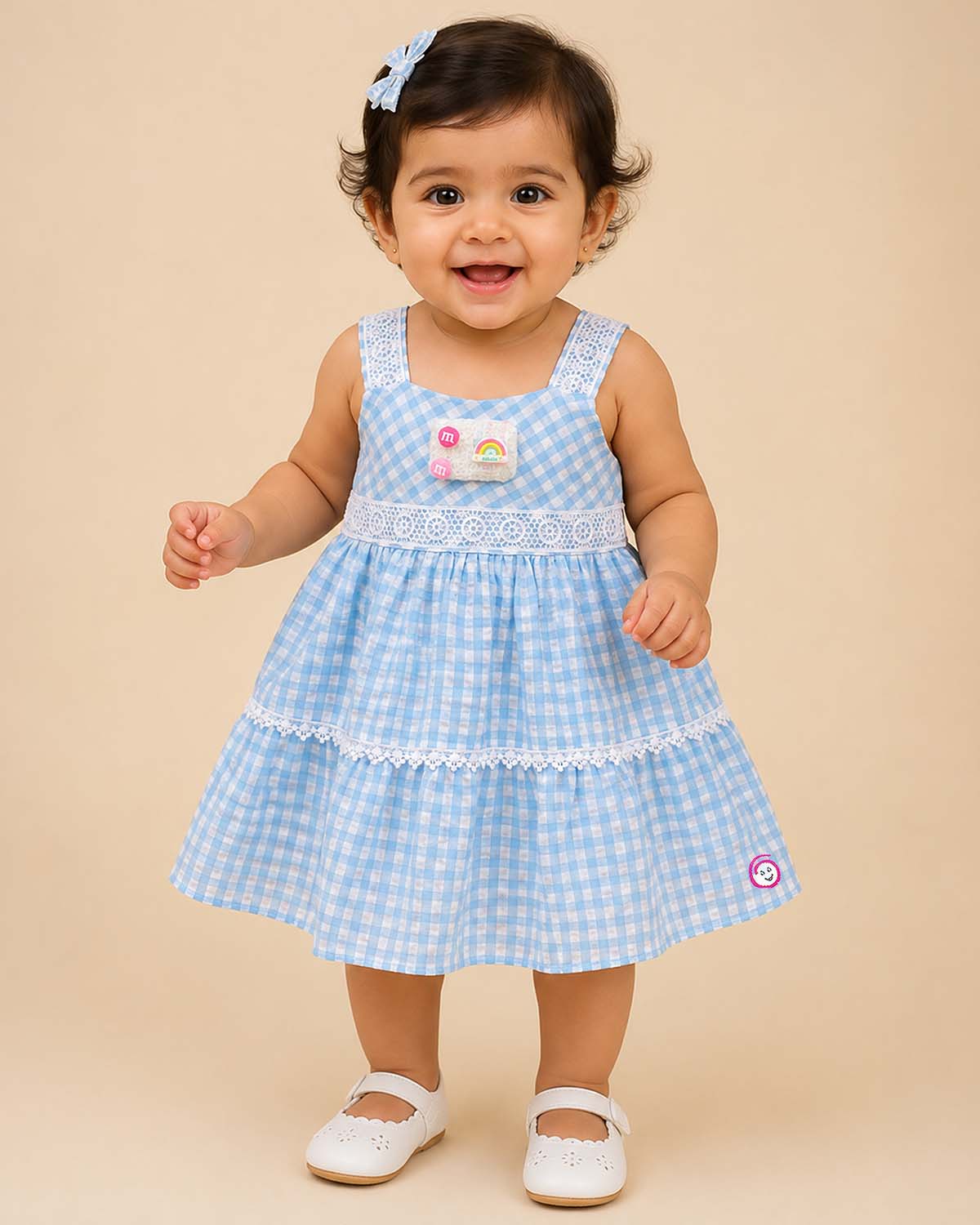 Little princess checked cotton casual frock with lace shoulder straps and tiered design for comfortable everyday wear