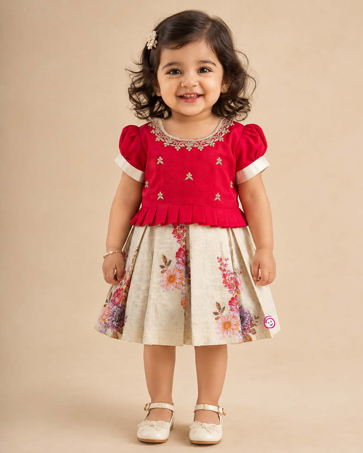 Detailed view of a kid's festive outfit with puff sleeves, intricate neck embroidery, and a pleated floral brocade skirt.