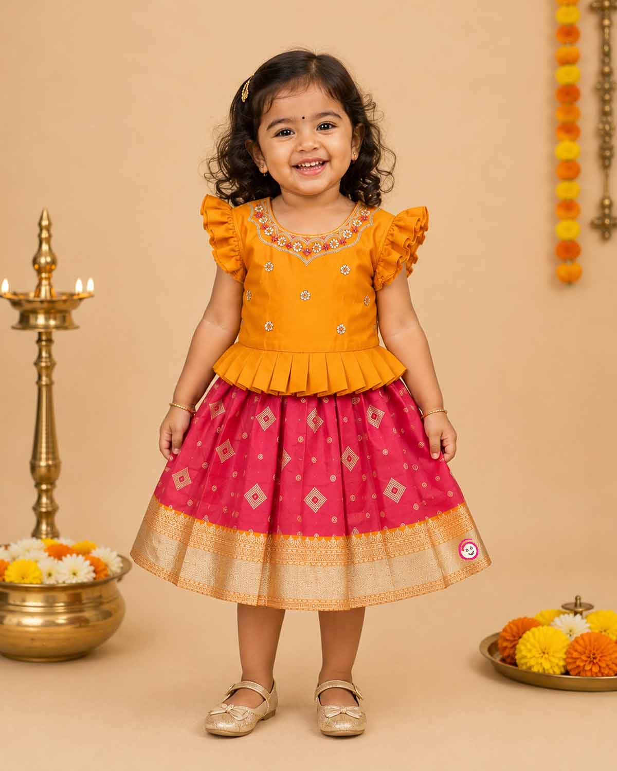 Traditional cotton silk ethnic frock for little ones featuring sequin work neckline ruffle sleeves and zari border