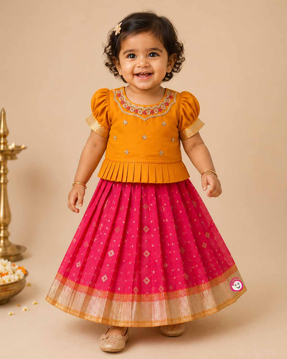 Three-piece ethnic traditional outfit for girls comprising an embroidered top with puff sleeves, a pleated zari skirt, and a light dupatta.