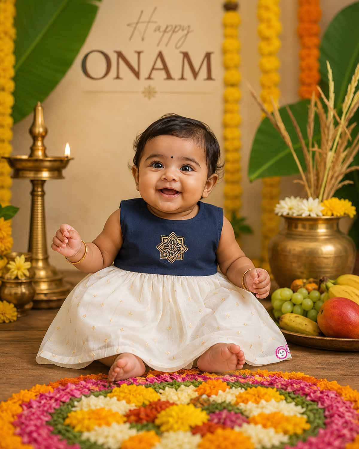 Traditional festive frock for baby girls featuring a sleeveless yoke with golden embroidery and a shimmering tissue skirt, perfect for Onam celebrations.