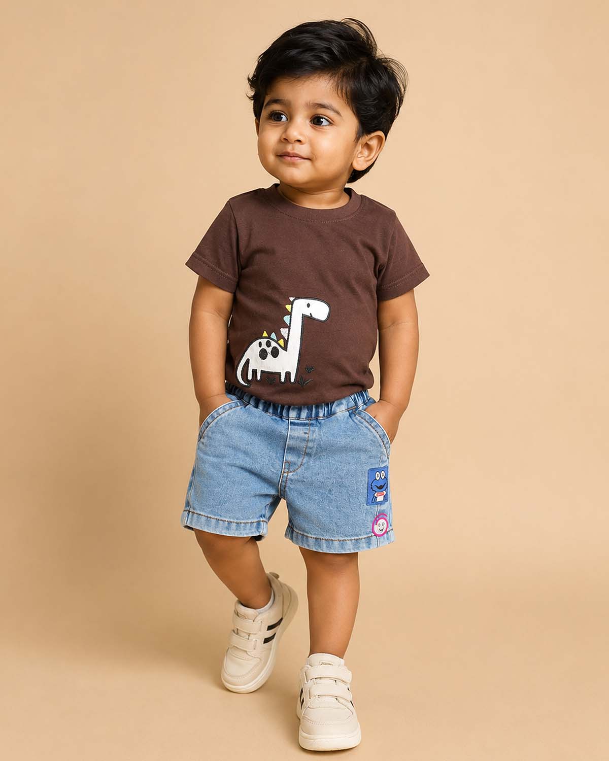 Brown dinosaur graphic knitted top and denim shorts set for kids birthday parties, family outings, and festivals