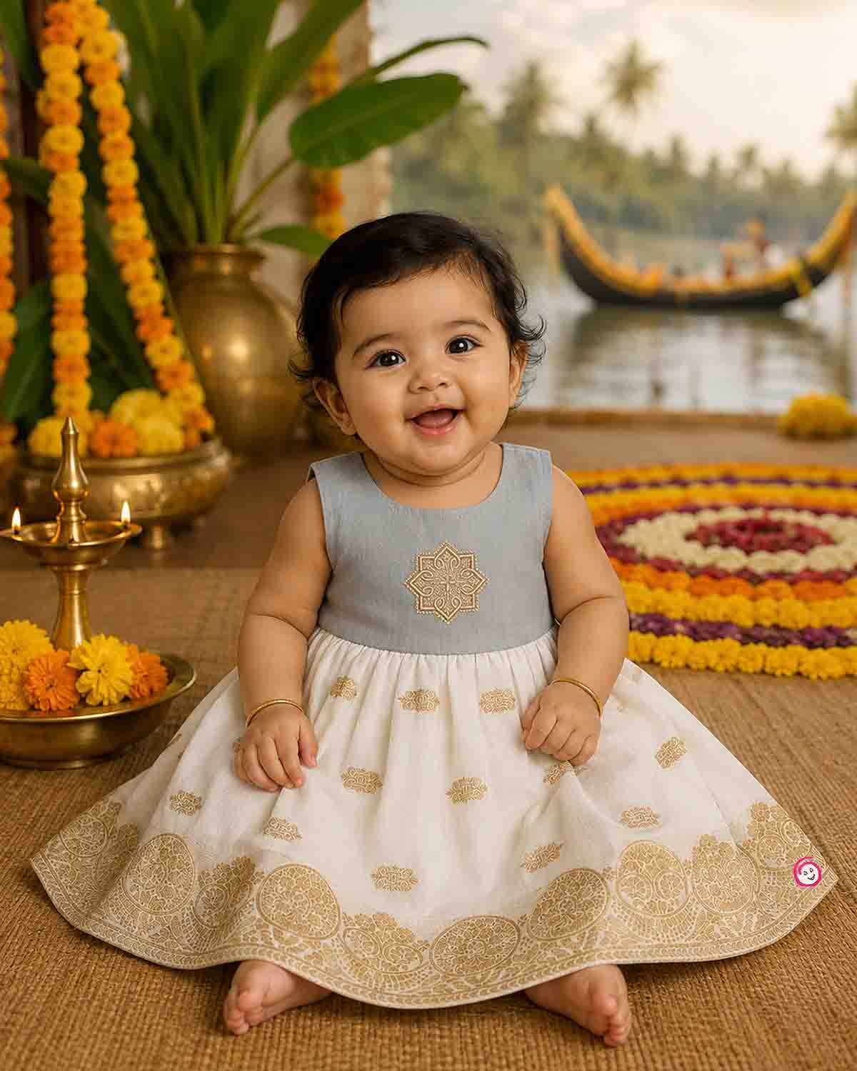 Sleeveless traditional festive attire for toddlers styled with metallic border motifs and chest embroidery.