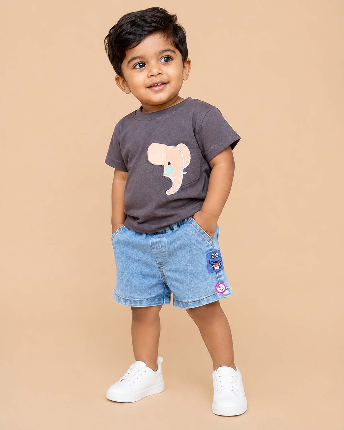Charcoal grey t-shirt with 3D elephant patch and light wash blue denim elasticated shorts baby boy top and shorts set for summer vacations, playdates, and park outings