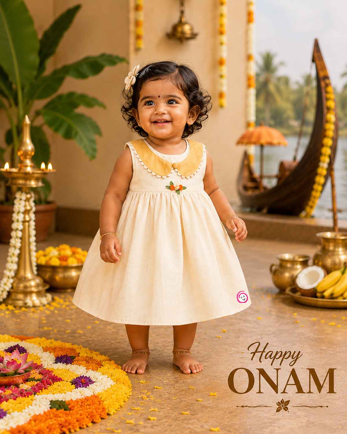 Sleeveless festive ethnic frock for toddler girls featuring a scalloped Peter Pan collar and small floral bodice detail.