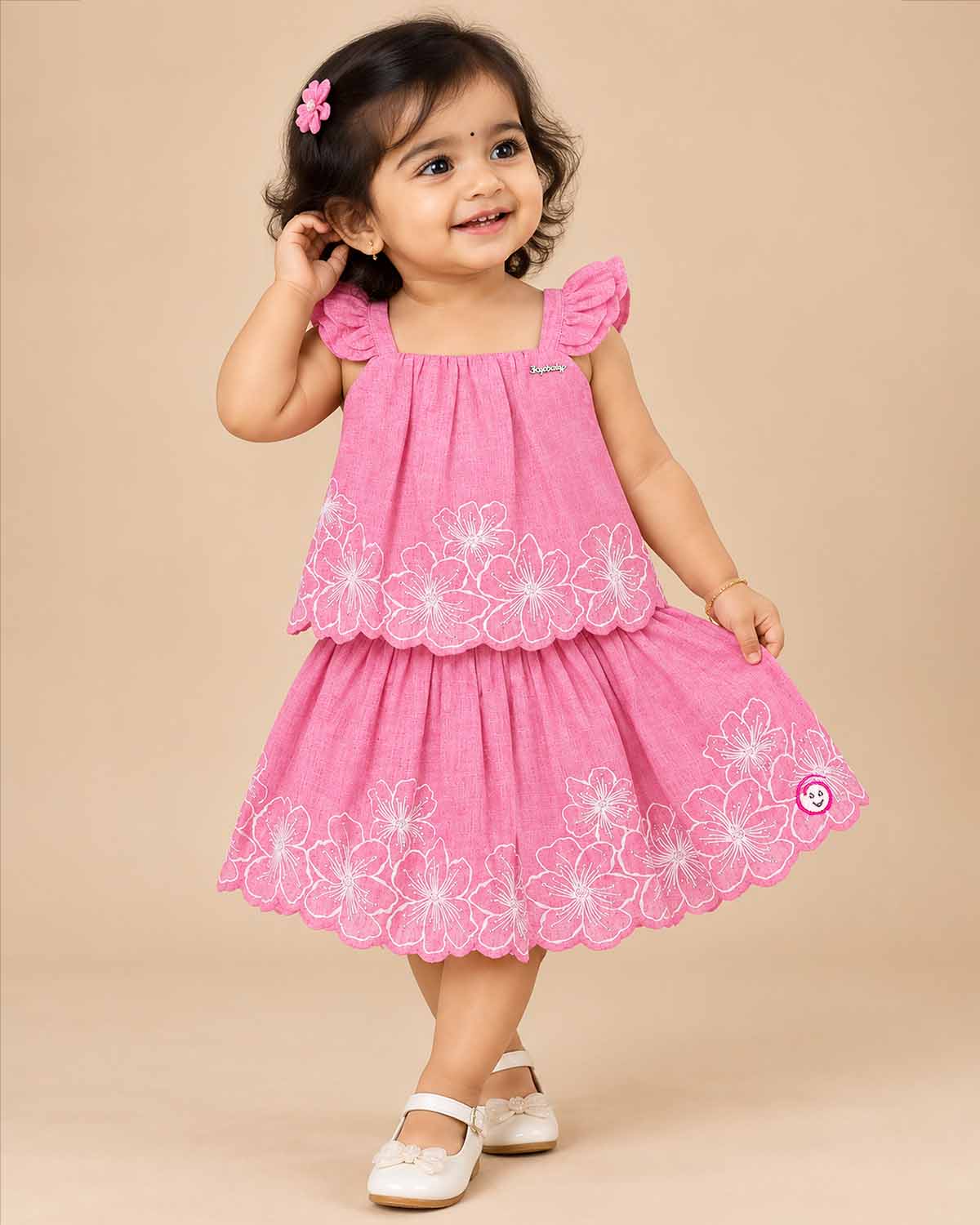 Baby girl lehenga featuring floral embroidered scalloped hem top and flared skirt