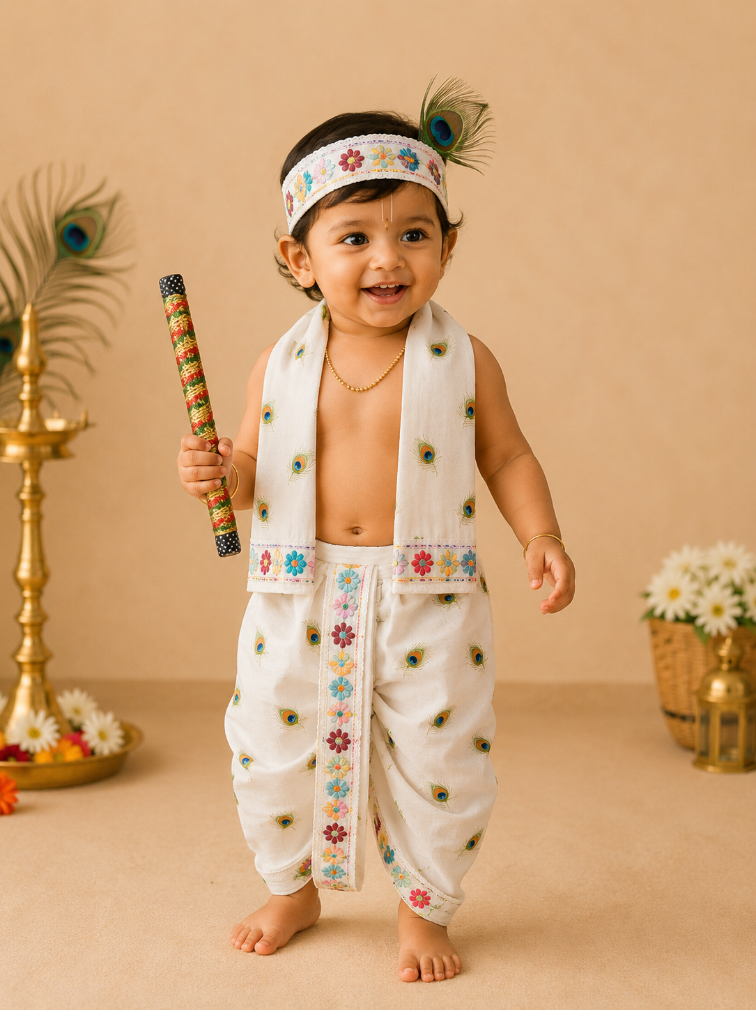 Baby boy feather print cotton Krishna costume with dhoti stole floral headband and flute for Janmashtami