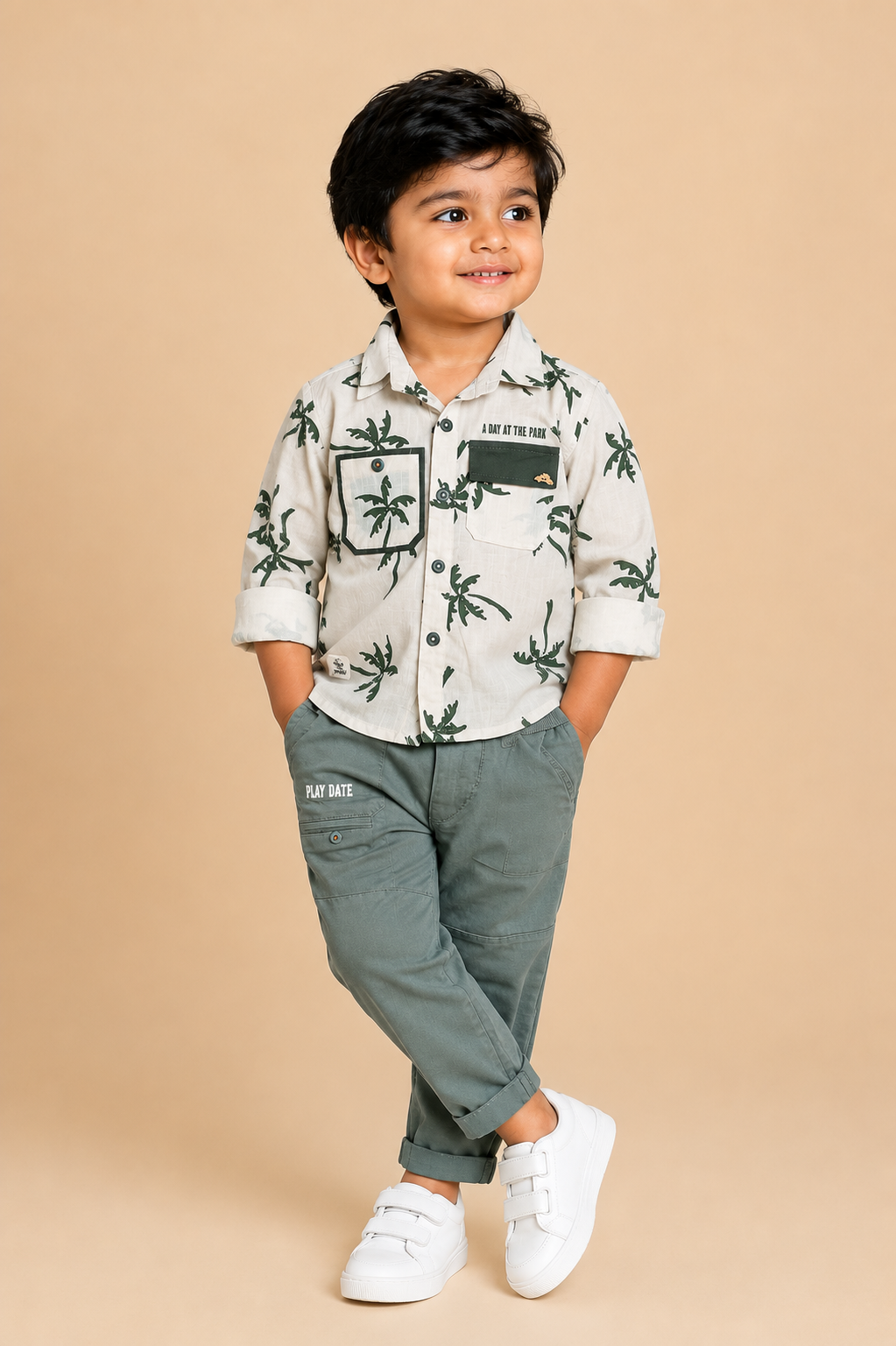 Boys printed full sleeve roll up shirt with pocket detail matching trousers outfit