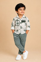 Boys printed full sleeve roll up shirt with pocket detail matching trousers outfit