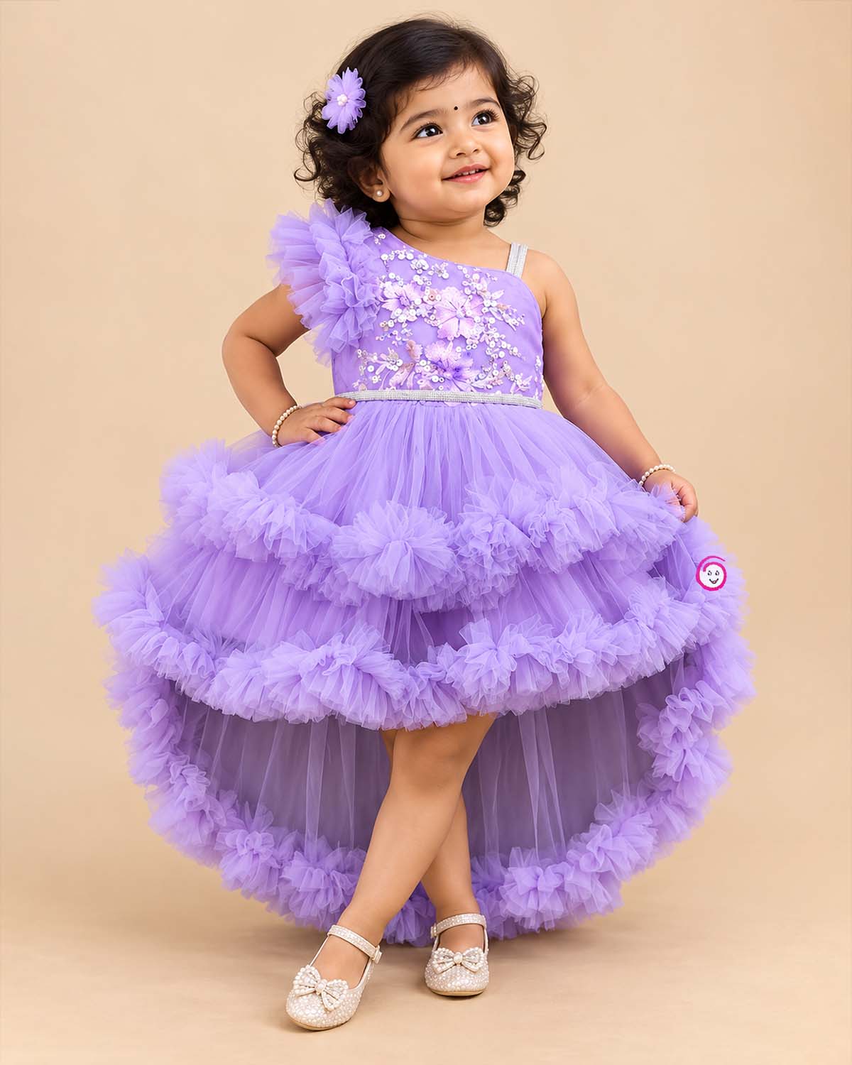 Baby girl designer one shoulder high low tail frock with tiered ruffles