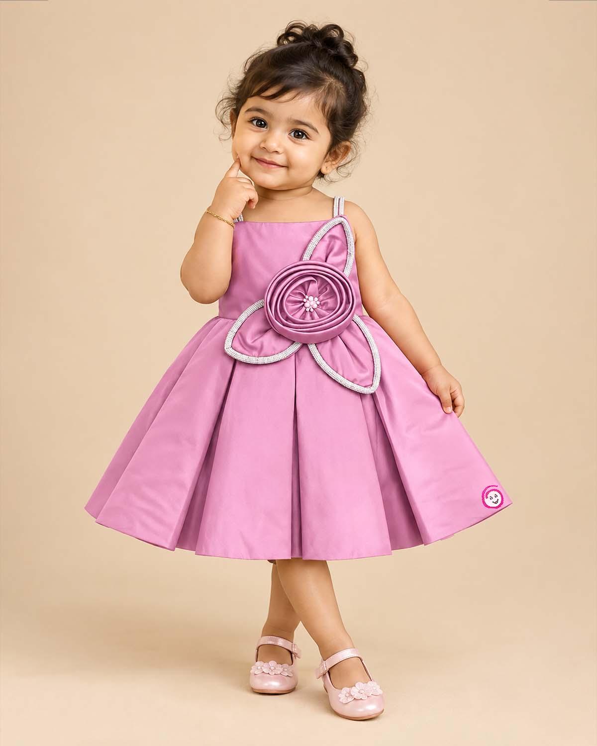 Toddler satin party frock with floral applique for special occasions