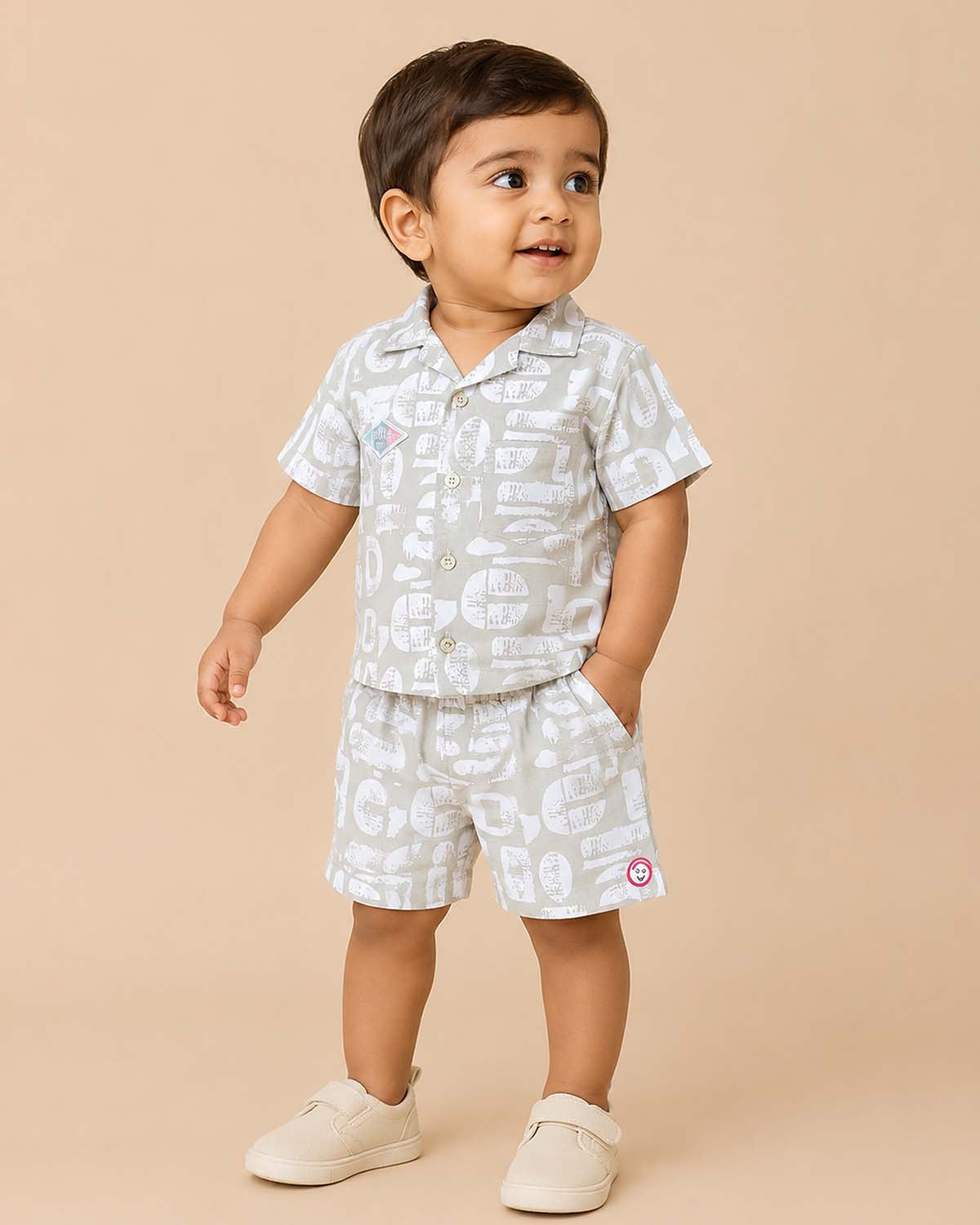 Grey printed button-down shirt with matching elasticated shorts baby boy top and shorts set for summer vacations, playdates, and park outings