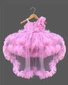 Baby girl designer high low tail frock with tiered net ruffles and sequin embroidery