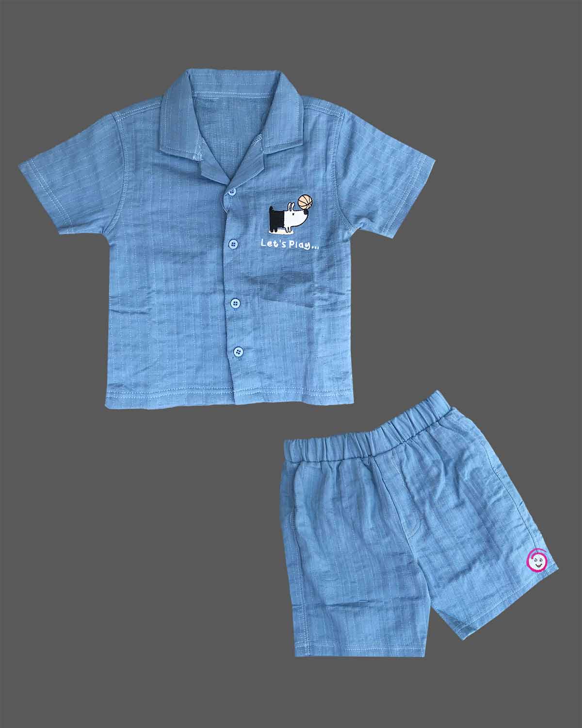 Light blue textured cotton button-down shirt with dog embroidery graphic baby boy top and shorts set for summer vacations, playdates, and park outings