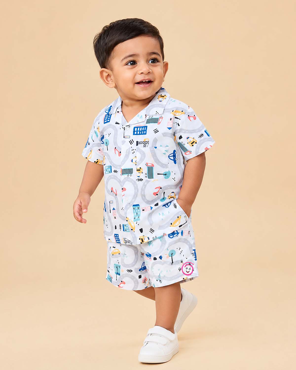 Vibrant road trip print baby boy top and shorts set for summer vacations, playdates, and park outings