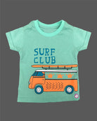 Seafoam green graphic t-shirt with Surf Club print and blue denim elasticated shorts baby boy top and shorts set for summer vacations, playdates, and park outings