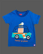 Royal blue graphic t-shirt with ice cream truck print and light wash blue denim elasticated shorts baby boy top and shorts set for summer vacations, playdates, and park outings
