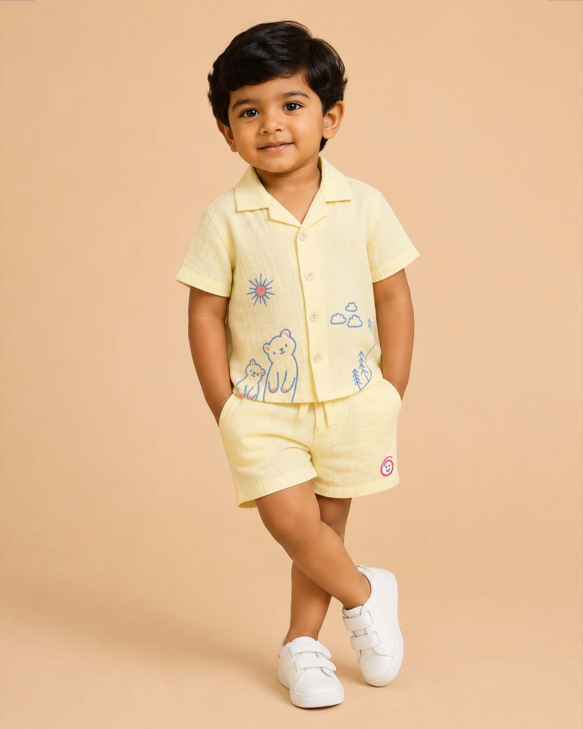 Yellow embroidered muslin cotton boys top and shorts set for summer vacations, playdates, and park outings