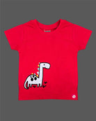 Red dinosaur applique knitted top and denim shorts set for kids birthday parties, family outings, and festivals