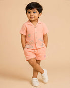 Peach embroidered muslin cotton  baby boy top and shorts set for summer vacations, playdates, and park outings