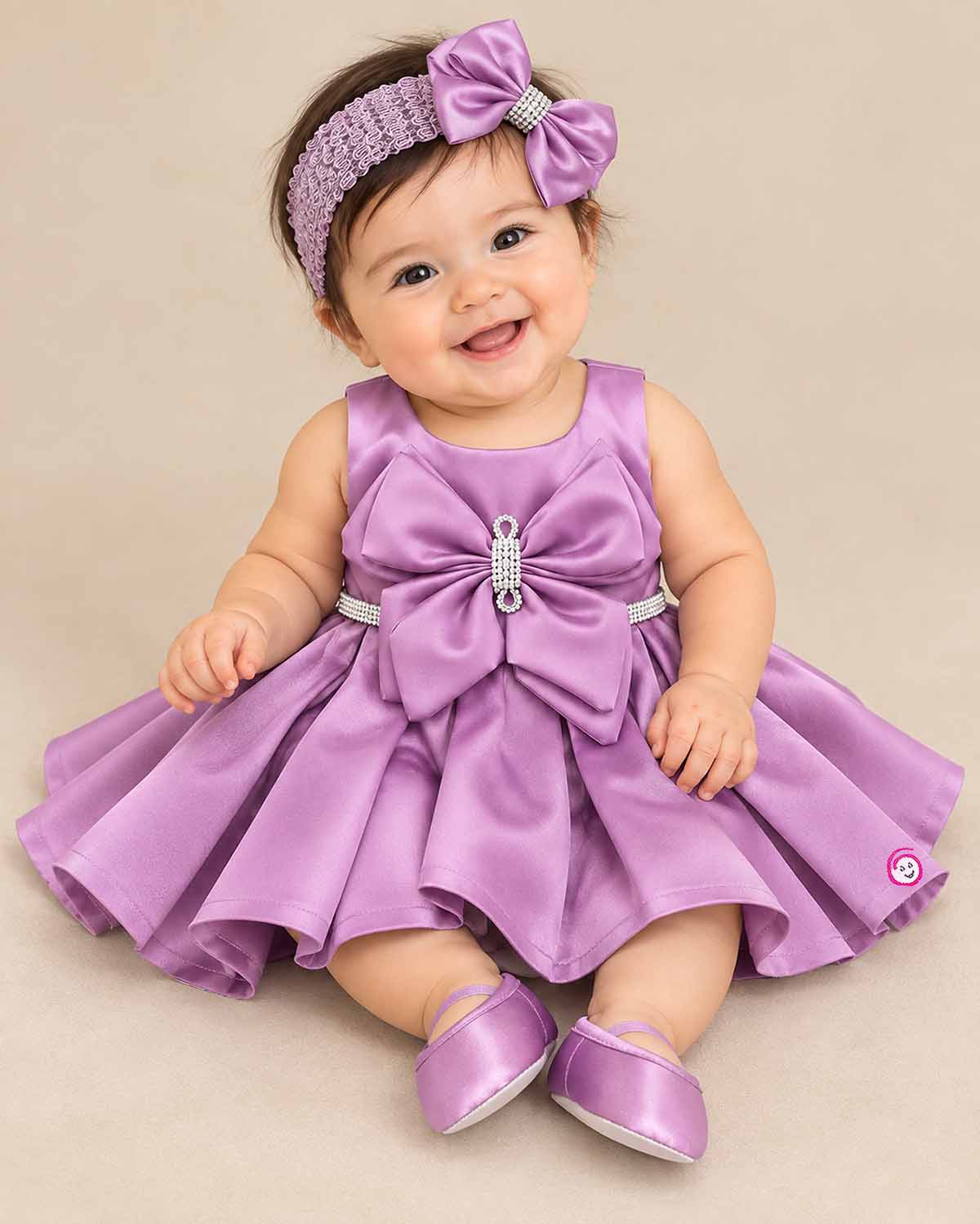 Baby girl satin party frock with oversized bow and crystal waist belt