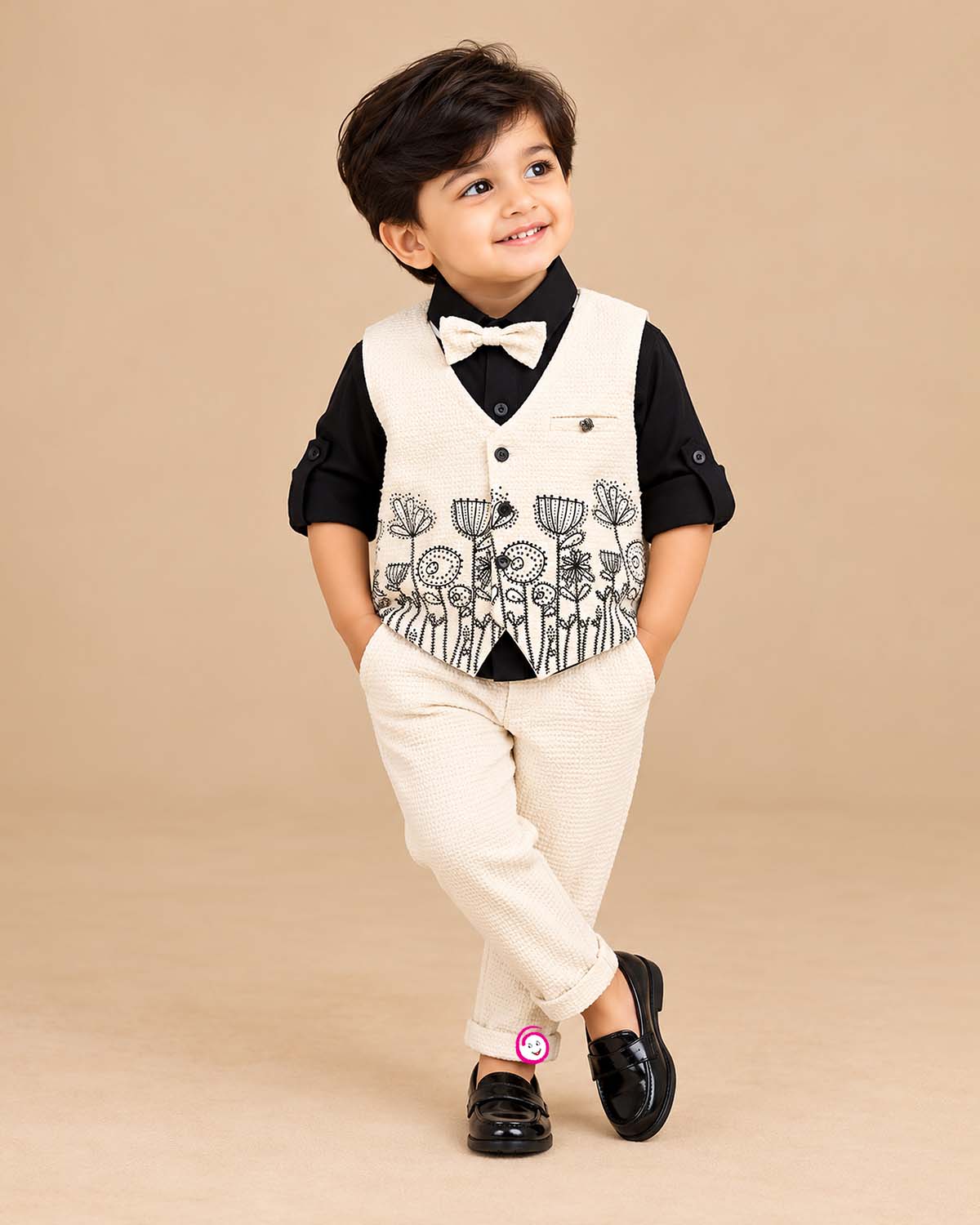 boys waistcoat suit set with embroidered vest shirt pant and bow tie for boys party wear