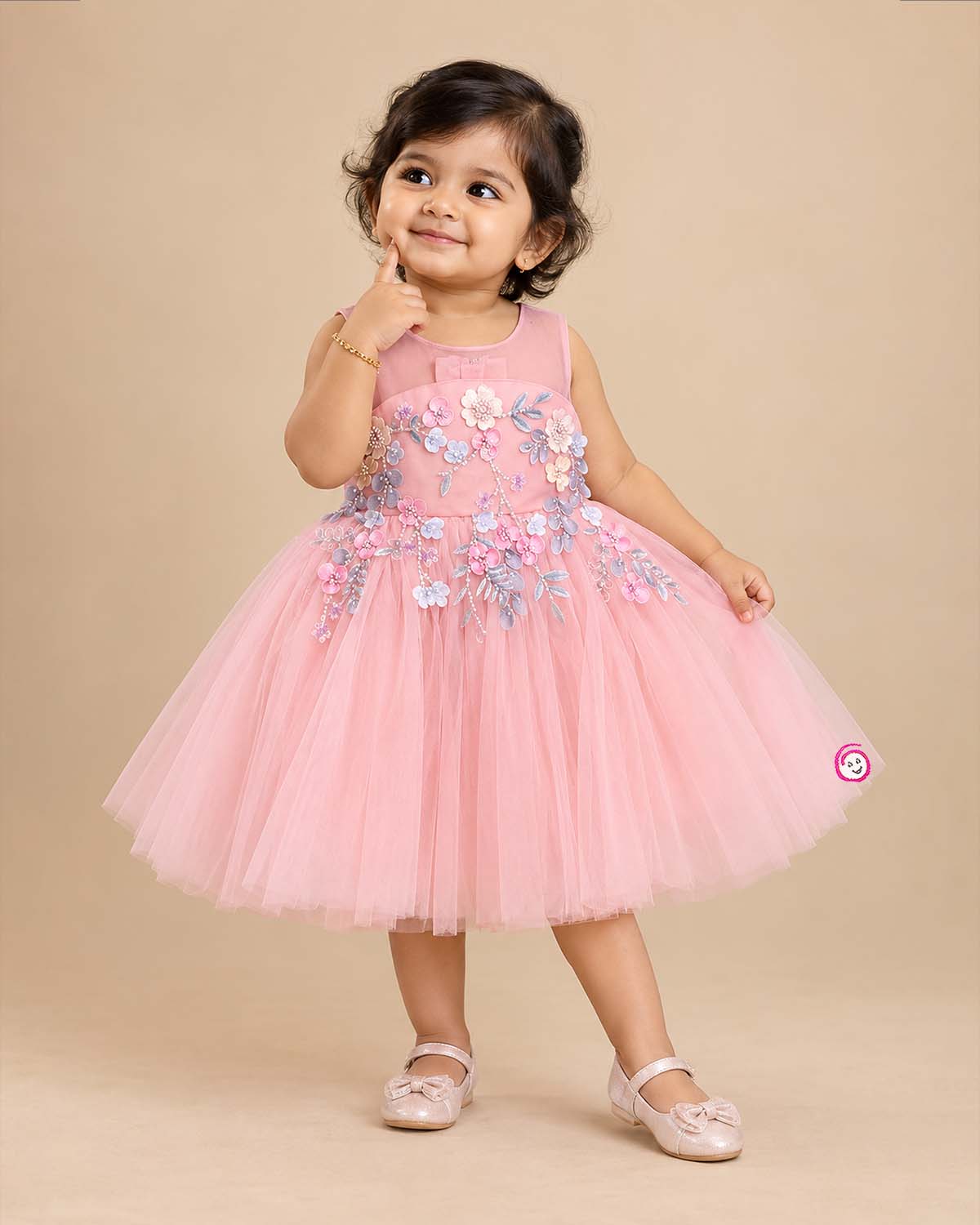Toddler net party frock with floral appliques for birthday celebrations
