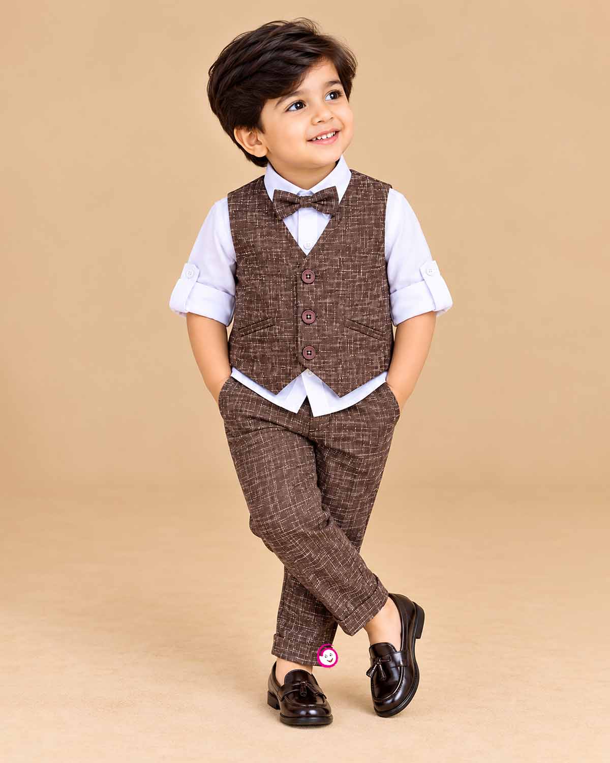 toddler weave waistcoat suit with collared shirt bow tie and pant for boys party wear