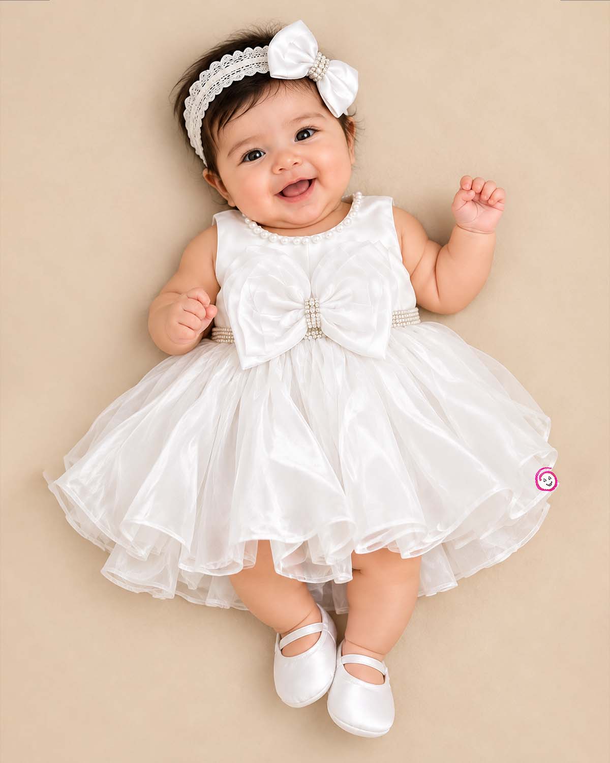 Infant girl sleeveless party frock with large front bow, beaded waistband, and pearl embellished neckline for special occasions