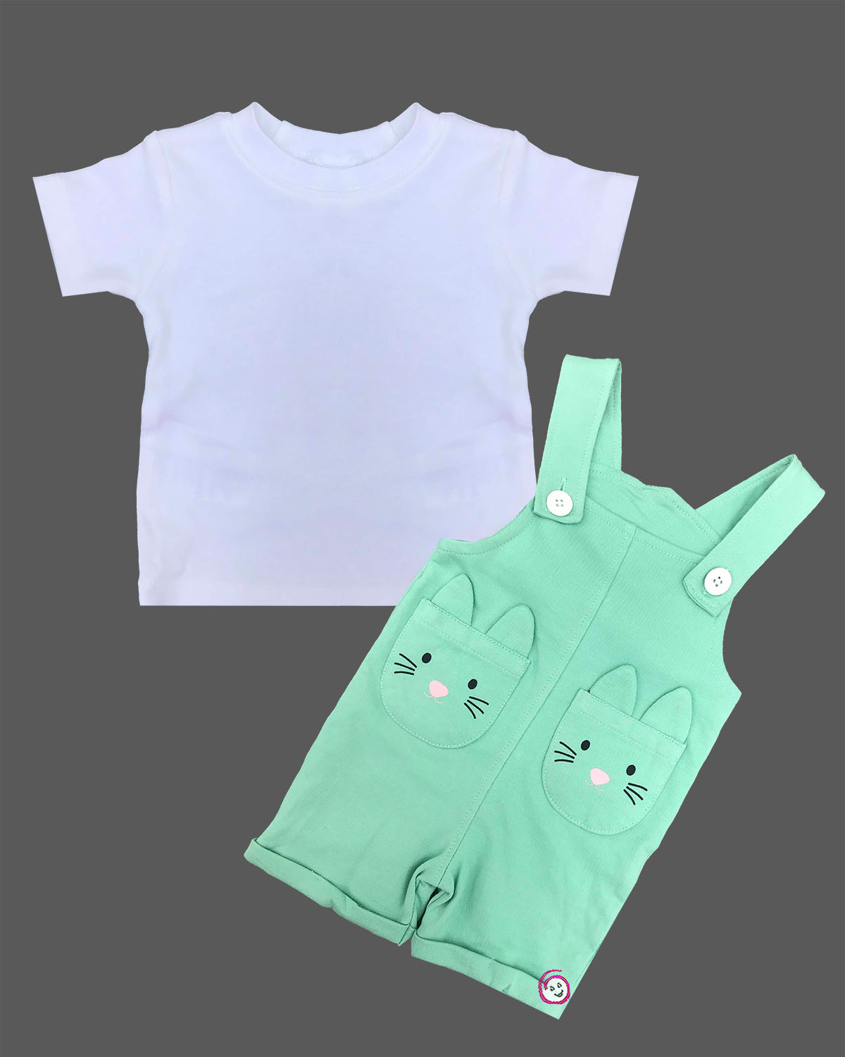 Baby boy active dungaree shorts featuring playful animal face pockets paired with a simple soft tee.