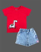 Red dinosaur applique knitted top and denim shorts set for kids birthday parties, family outings, and festivals