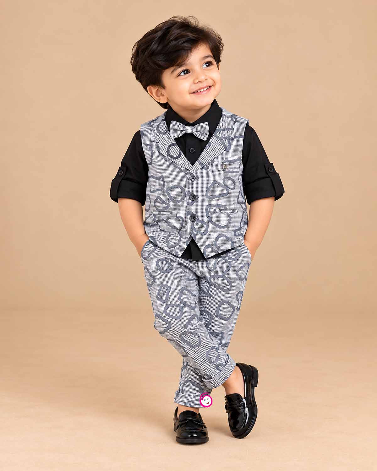 charming champ printed waistcoat suit with shirt bow tie and pant for boys party wear
