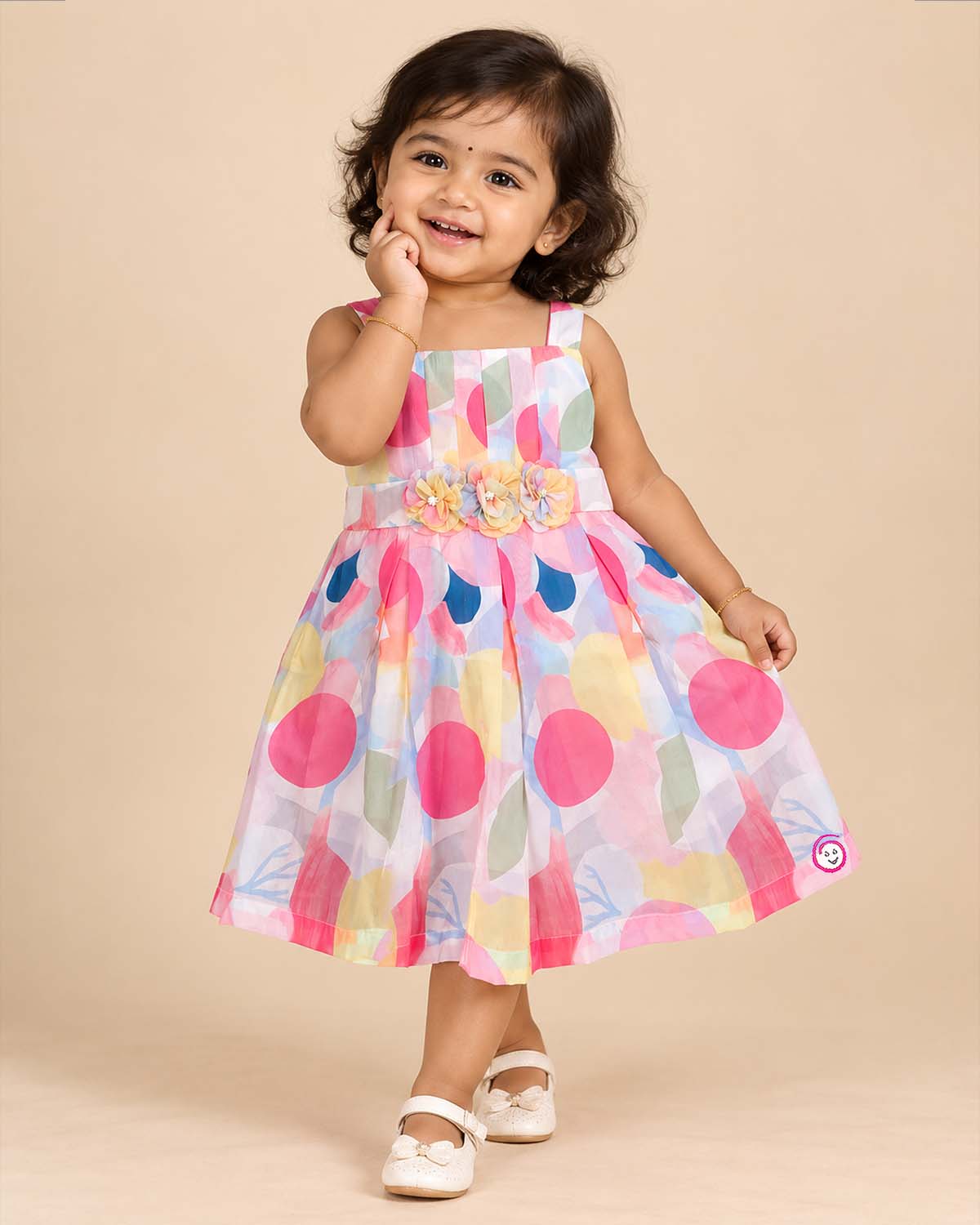 Pink yellow blue baby girl printed cotton frock with floral waist appliqués