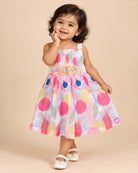 Pink yellow blue baby girl printed cotton frock with floral waist appliqués