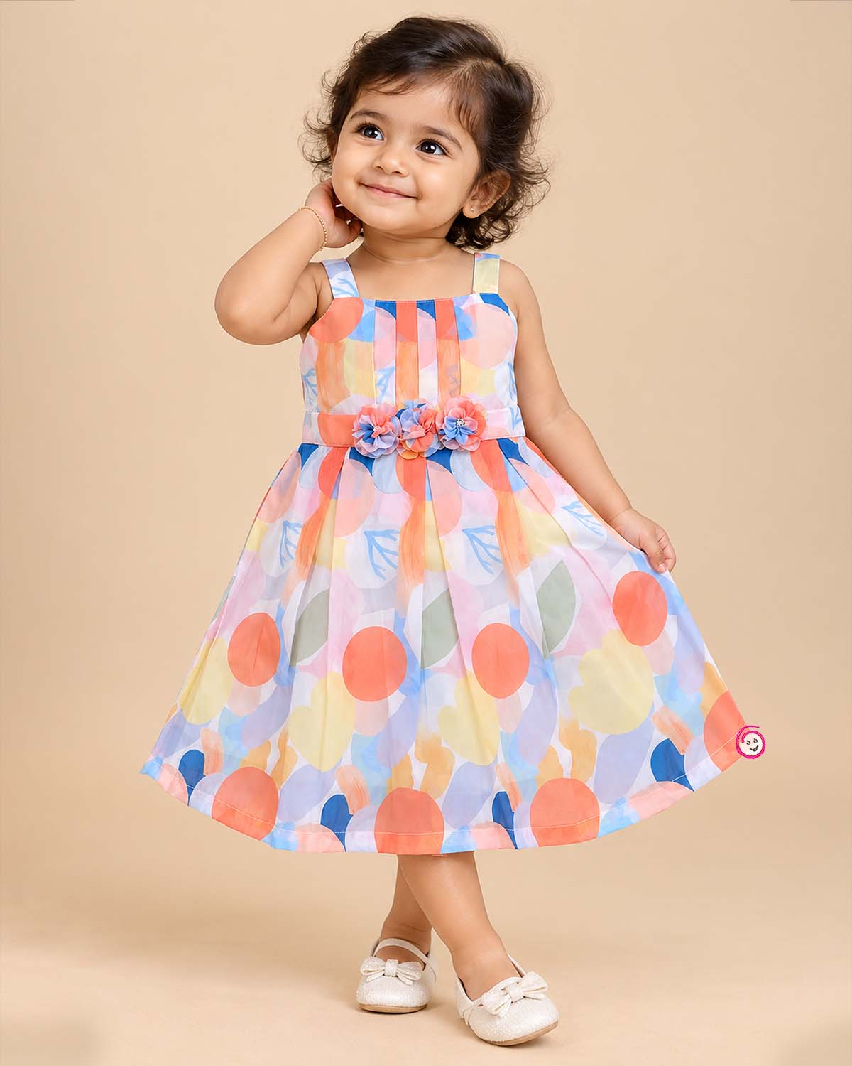 Multicolor orange and peach toddler cotton floral dress with waist flowers