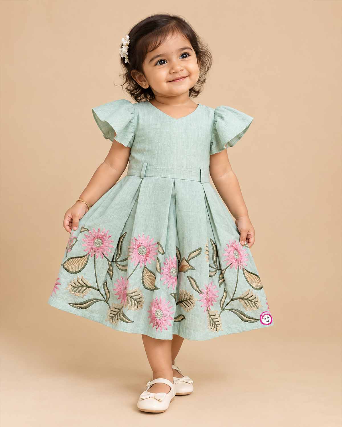 Mint green cotton linen embroidered frock with flutter sleeves for girls