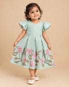 Mint green cotton linen embroidered frock with flutter sleeves for girls