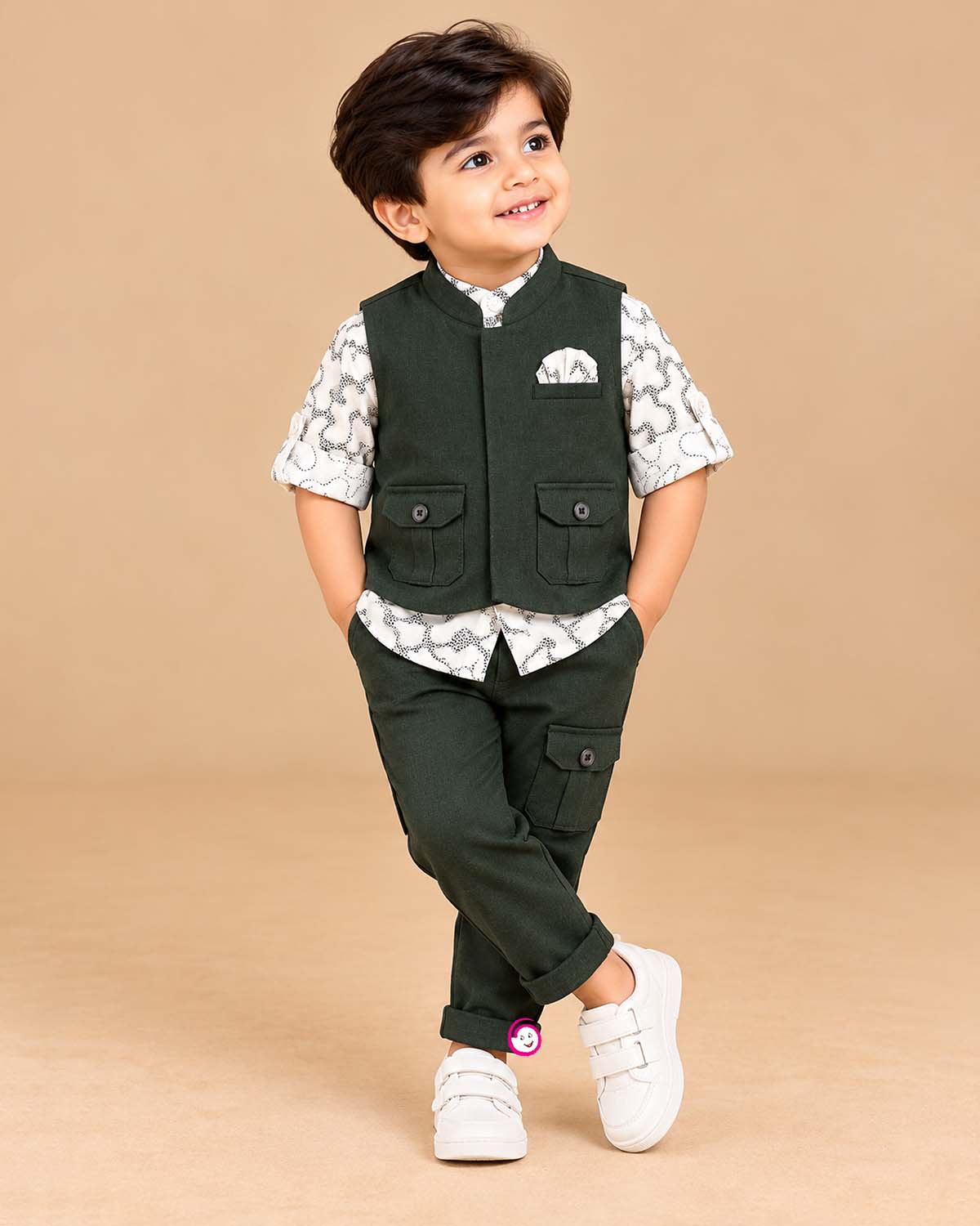 Boys waistcoat set with printed shirt and tailored pant for party wear