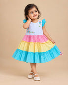 Multicolor pink yellow blue white cotton tiered frock with frill sleeve
