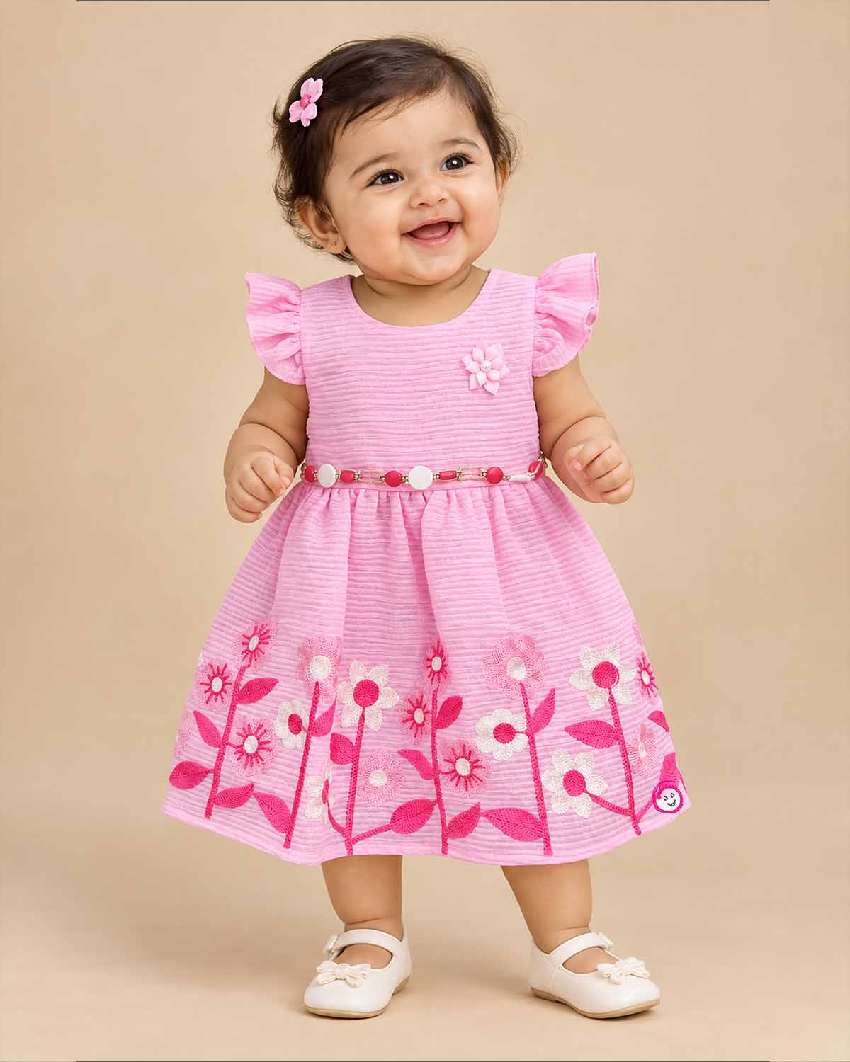 toddler embroidered cotton frock with frill sleeves and floral design for kids party wear