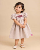 Infant cotton casual frock with chest embroidery and puff sleeves