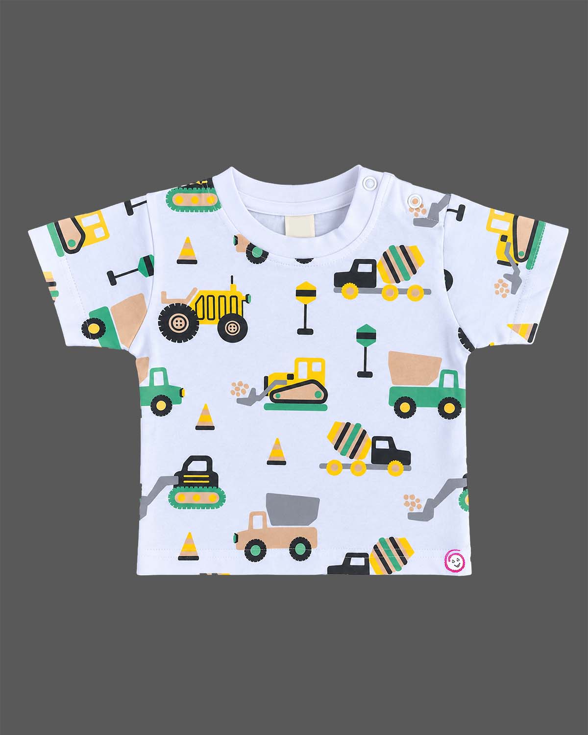 Baby boys printed t-shirt and light green short dungaree set with excavator graphic