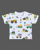 Baby boys printed t-shirt and light green short dungaree set with excavator graphic
