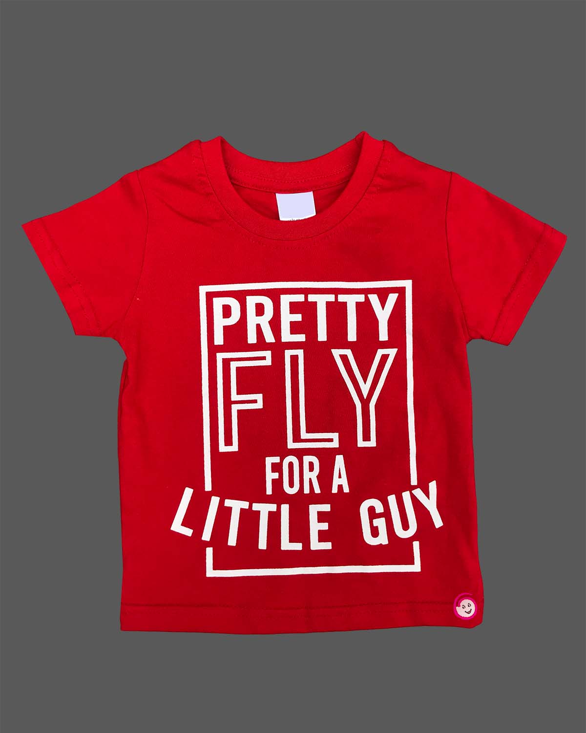 Red graphic t-shirt with Pretty Fly typography print and light grey elasticated shorts baby boy top and shorts set for summer vacations, playdates, and park outings